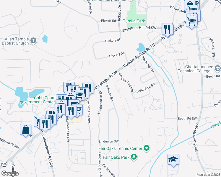 map of restaurants, bars, coffee shops, grocery stores, and more near 1057 Arden Drive Southwest in Marietta