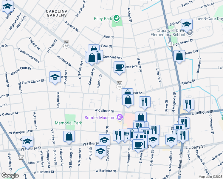 map of restaurants, bars, coffee shops, grocery stores, and more near 80 Church Court in Sumter