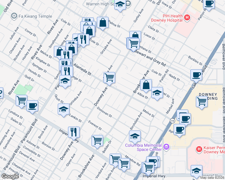 map of restaurants, bars, coffee shops, grocery stores, and more near in Downey