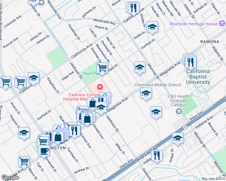 map of restaurants, bars, coffee shops, grocery stores, and more near 3900 Sherman Drive in Riverside