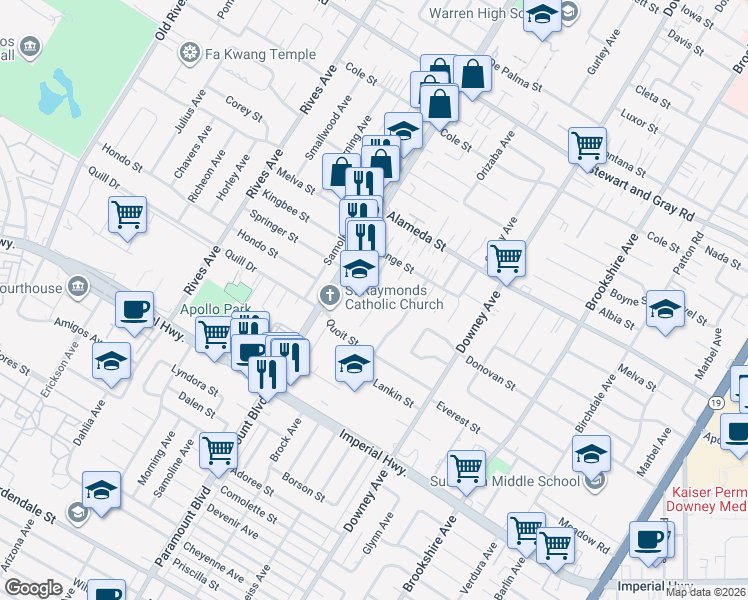 map of restaurants, bars, coffee shops, grocery stores, and more near 12307 Brock Avenue in Downey