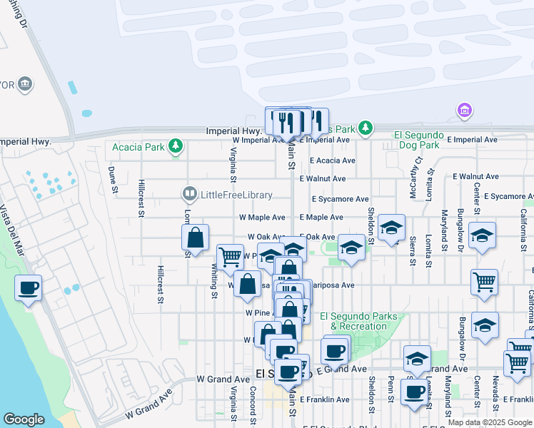 map of restaurants, bars, coffee shops, grocery stores, and more near 211 West Maple Avenue in El Segundo