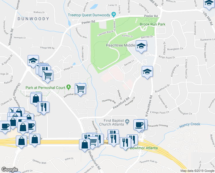 map of restaurants, bars, coffee shops, grocery stores, and more near 1011 Dunbar Drive in Dunwoody
