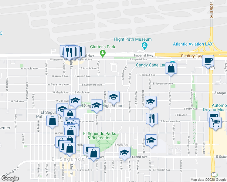 map of restaurants, bars, coffee shops, grocery stores, and more near 533 East Maple Avenue in El Segundo