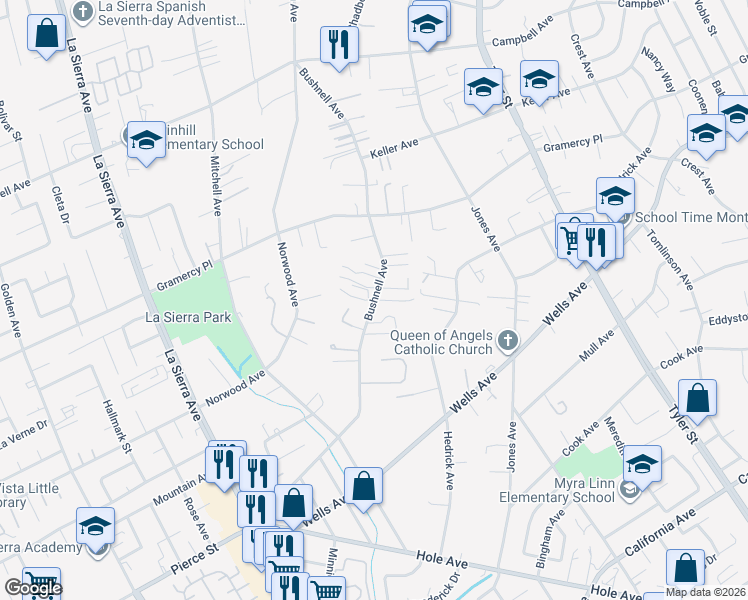 map of restaurants, bars, coffee shops, grocery stores, and more near Bushnell Avenue in Riverside