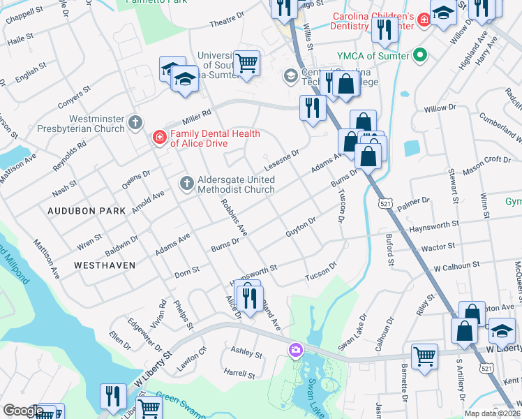 map of restaurants, bars, coffee shops, grocery stores, and more near 208 Adams Avenue in Sumter
