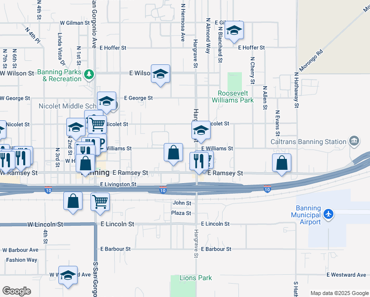 map of restaurants, bars, coffee shops, grocery stores, and more near 720 East Williams Street in Banning