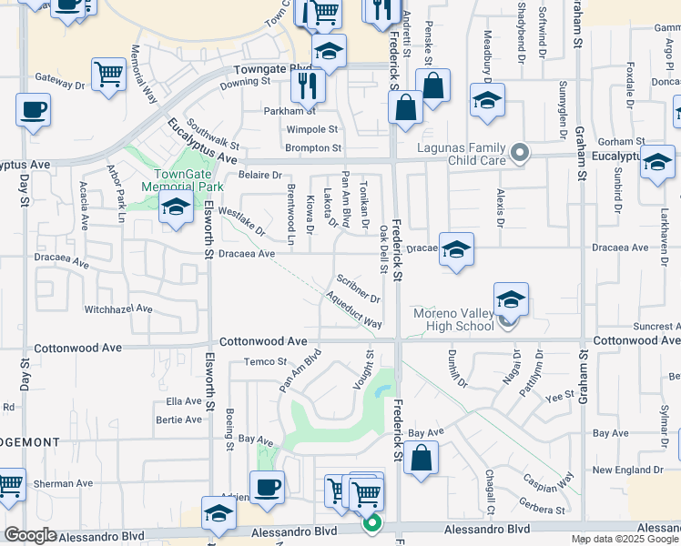 map of restaurants, bars, coffee shops, grocery stores, and more near 13316 Pan Am Boulevard in Moreno Valley