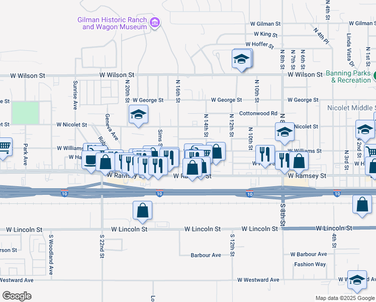 map of restaurants, bars, coffee shops, grocery stores, and more near 1532 West Williams Street in Banning