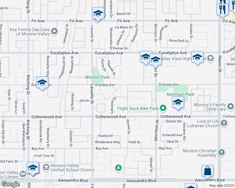 map of restaurants, bars, coffee shops, grocery stores, and more near 26190 Capay Bay Court in Moreno Valley