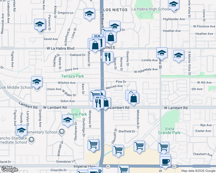 map of restaurants, bars, coffee shops, grocery stores, and more near 571 Berry Way in La Habra