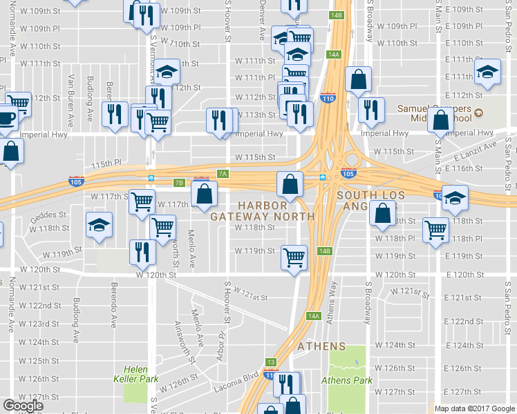 map of restaurants, bars, coffee shops, grocery stores, and more near 11701 Denver Avenue in Los Angeles