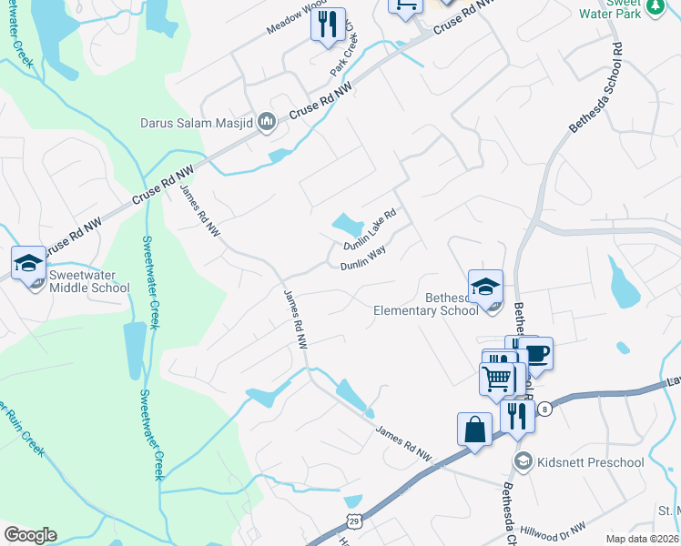 map of restaurants, bars, coffee shops, grocery stores, and more near 3182 Dunlin Way in Lawrenceville