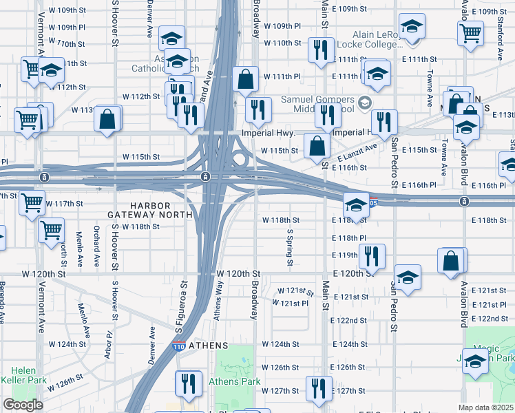 map of restaurants, bars, coffee shops, grocery stores, and more near 256 West 117th Street in Los Angeles