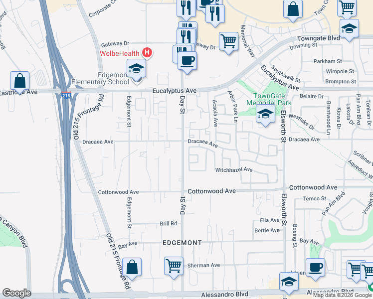 map of restaurants, bars, coffee shops, grocery stores, and more near 13279 Coffeetree Street in Moreno Valley