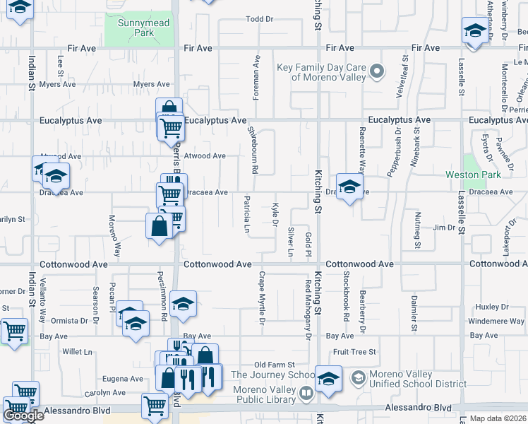 map of restaurants, bars, coffee shops, grocery stores, and more near 25297 Charity Court in Moreno Valley