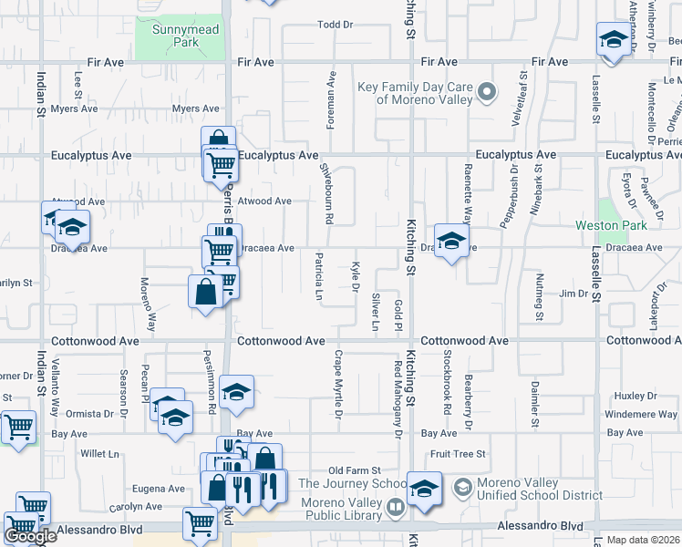 map of restaurants, bars, coffee shops, grocery stores, and more near 25297 Charity Court in Moreno Valley