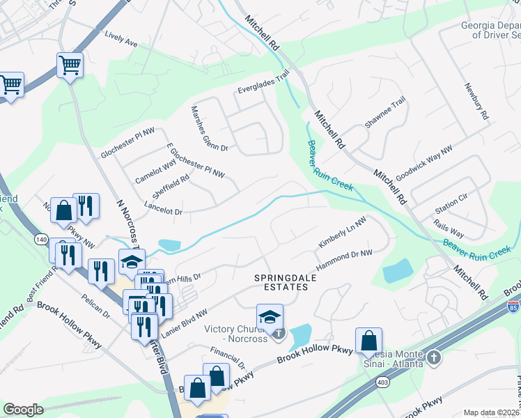 map of restaurants, bars, coffee shops, grocery stores, and more near 2400 Anamanda Close in Norcross