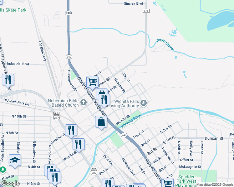 map of restaurants, bars, coffee shops, grocery stores, and more near 705 Calhoun Street in Wichita Falls