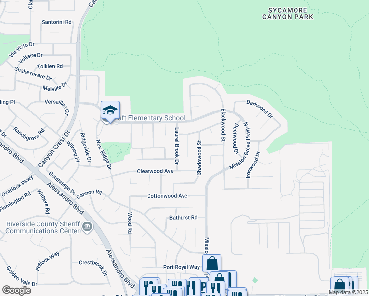 map of restaurants, bars, coffee shops, grocery stores, and more near 6805 Alderpoint Court in Riverside