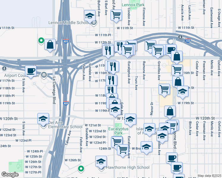 map of restaurants, bars, coffee shops, grocery stores, and more near in Hawthorne