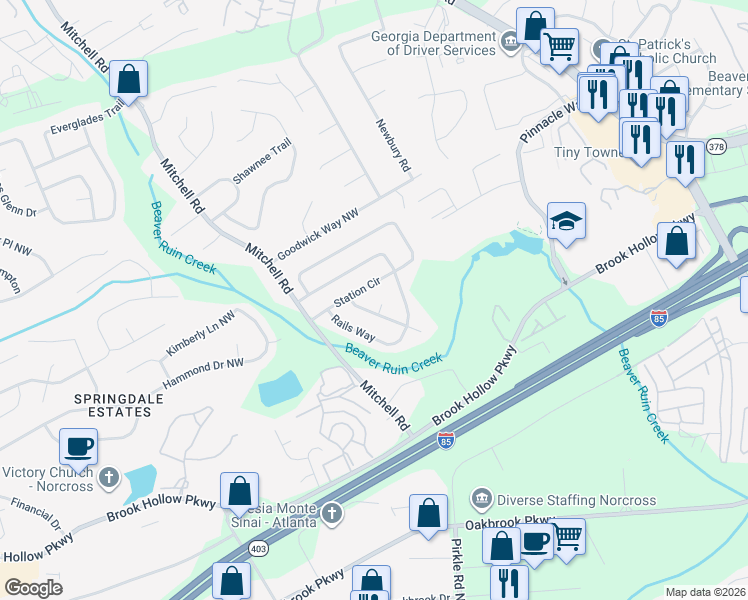 map of restaurants, bars, coffee shops, grocery stores, and more near 1984 Hoot Owl Cove in Norcross