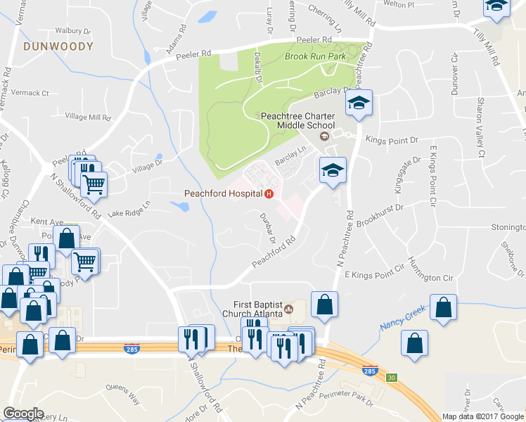 map of restaurants, bars, coffee shops, grocery stores, and more near 704 Dunbar Drive in Dunwoody