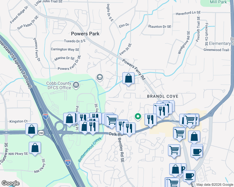 map of restaurants, bars, coffee shops, grocery stores, and more near 503 Ivy Green Lane Southeast in Marietta