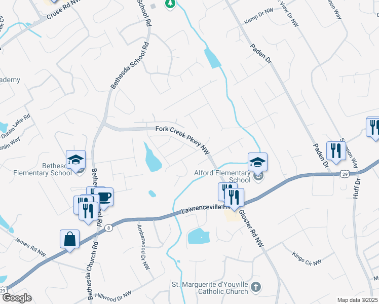 map of restaurants, bars, coffee shops, grocery stores, and more near 2745 Turning Leaf Drive North West in Lawrenceville