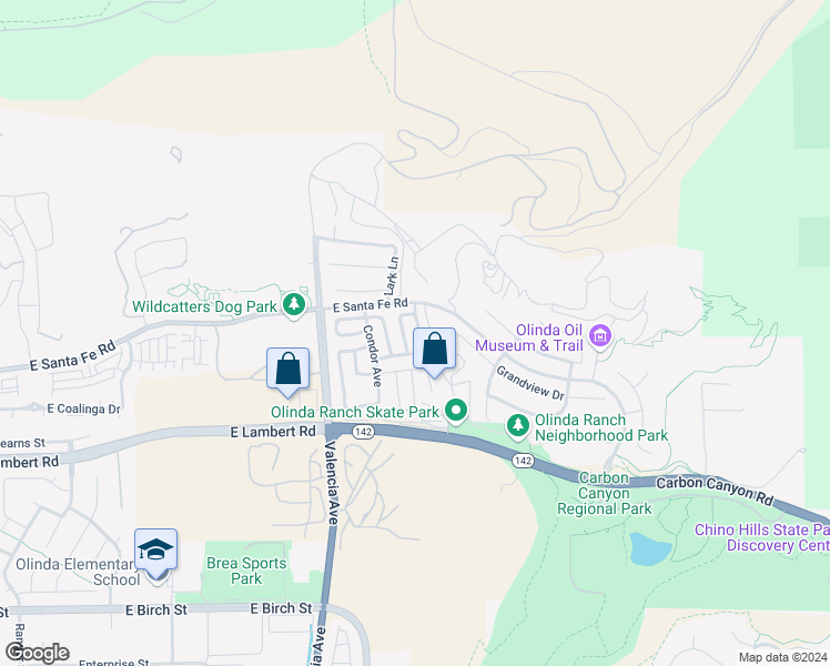 map of restaurants, bars, coffee shops, grocery stores, and more near 541 Cardinal Street in Brea