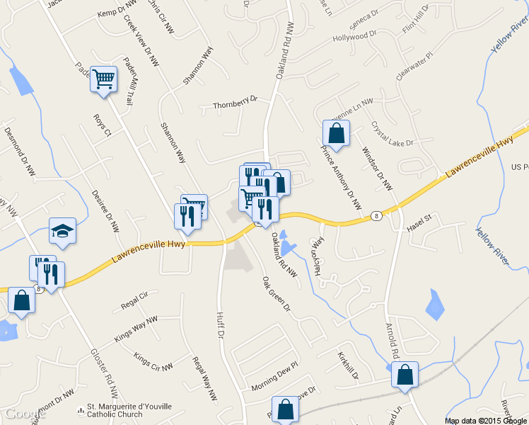 map of restaurants, bars, coffee shops, grocery stores, and more near 2349 Lawrenceville Highway in Lawrenceville