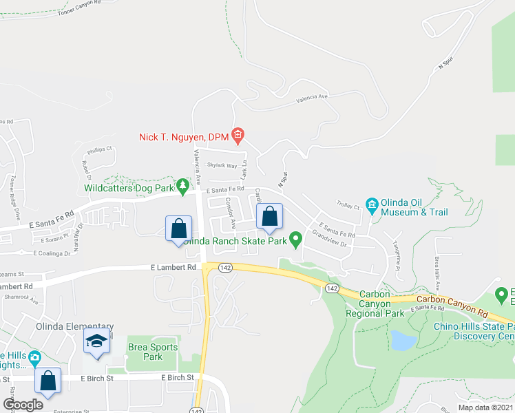 map of restaurants, bars, coffee shops, grocery stores, and more near 541 Cardinal Street in Brea