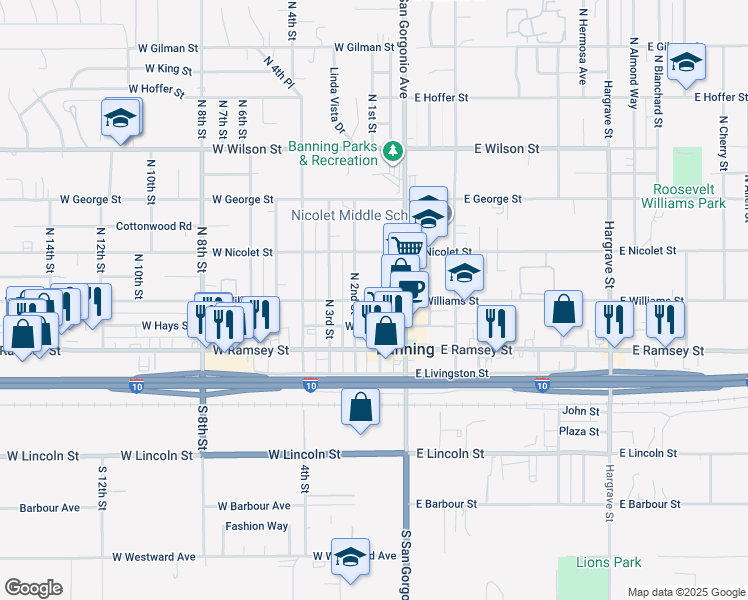 map of restaurants, bars, coffee shops, grocery stores, and more near 170 West Williams Street in Banning