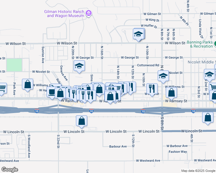 map of restaurants, bars, coffee shops, grocery stores, and more near 1532 West Williams Street in Banning