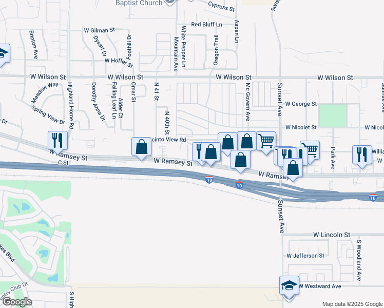 map of restaurants, bars, coffee shops, grocery stores, and more near 3863 West Ramsey Street in Banning