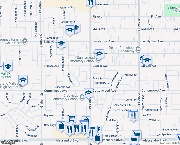 map of restaurants, bars, coffee shops, grocery stores, and more near 3363 Running Horse Drive in Moreno Valley