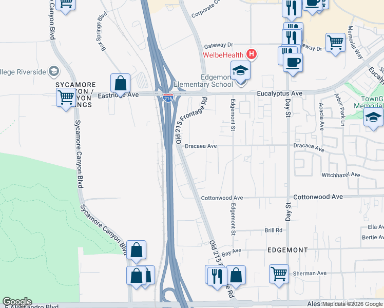 map of restaurants, bars, coffee shops, grocery stores, and more near 13316 Old 215 Frontage Road in Moreno Valley