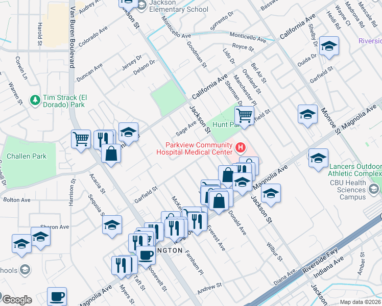 map of restaurants, bars, coffee shops, grocery stores, and more near 9205 Garfield Street in Riverside