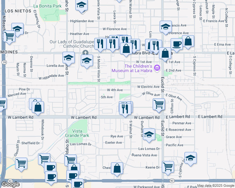 map of restaurants, bars, coffee shops, grocery stores, and more near 534 McFadden Street in La Habra