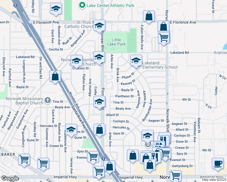 map of restaurants, bars, coffee shops, grocery stores, and more near 11435 Brink Avenue in Norwalk