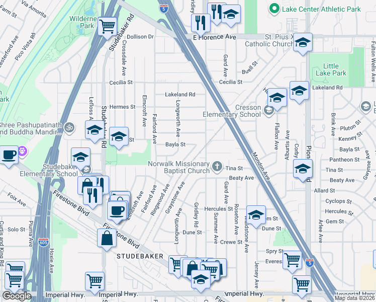 map of restaurants, bars, coffee shops, grocery stores, and more near 11531 Ringwood Avenue in Norwalk