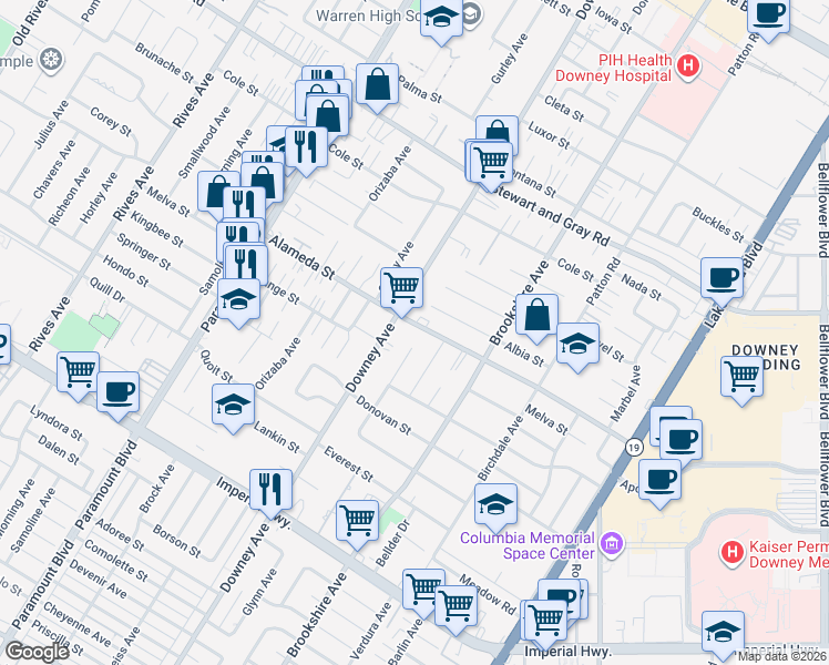 map of restaurants, bars, coffee shops, grocery stores, and more near 12221 Glynn Avenue in Downey