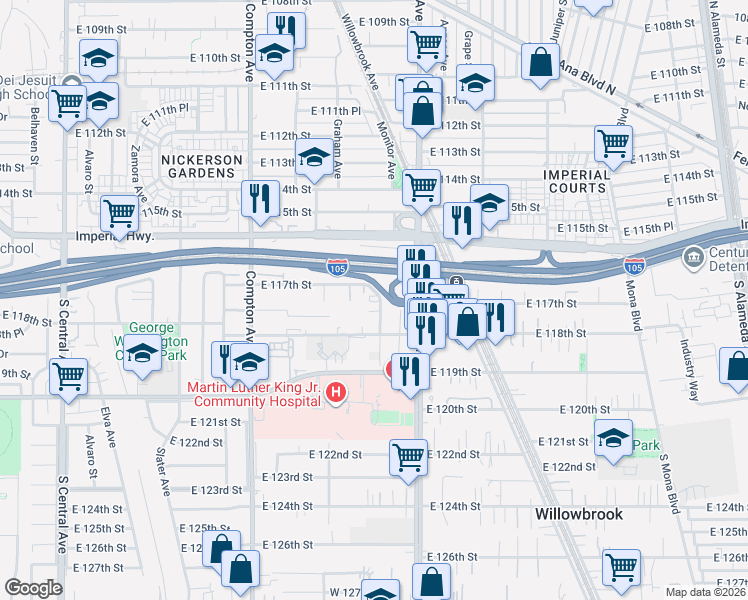 map of restaurants, bars, coffee shops, grocery stores, and more near 11726 Holmes Avenue in Los Angeles