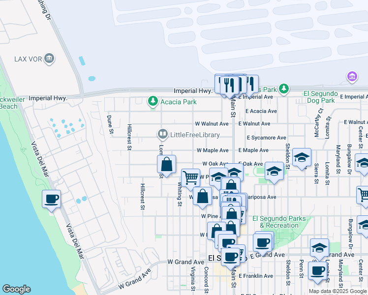 map of restaurants, bars, coffee shops, grocery stores, and more near 423 West Maple Avenue in El Segundo