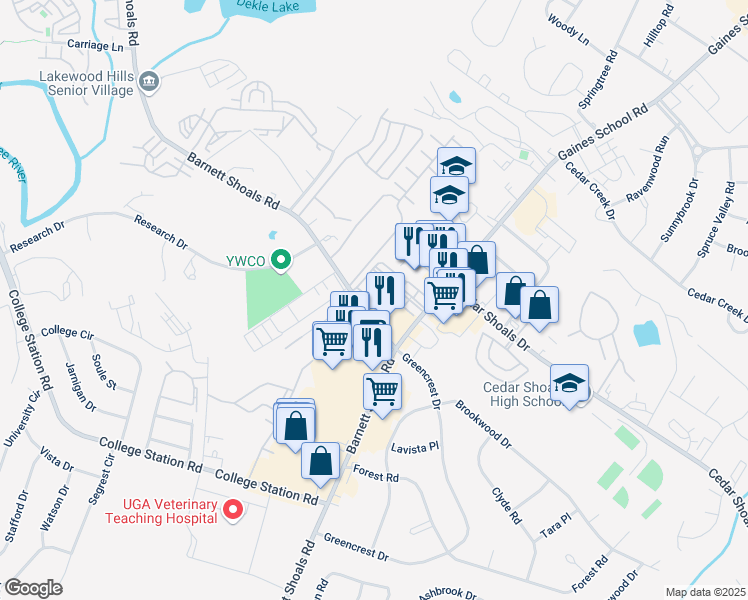 map of restaurants, bars, coffee shops, grocery stores, and more near 1685 South Barnett Shoals Road in Athens