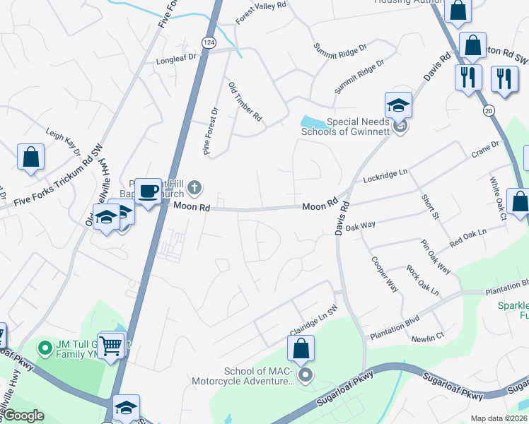 map of restaurants, bars, coffee shops, grocery stores, and more near 604 Fernstone Trail in Lawrenceville