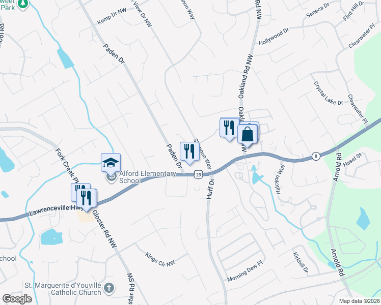 map of restaurants, bars, coffee shops, grocery stores, and more near 312 Paden Cove Trail in Lawrenceville