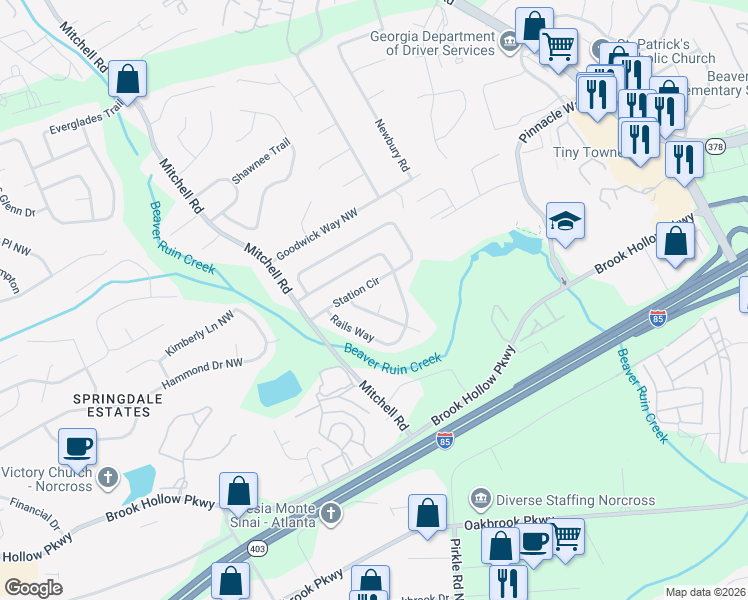 map of restaurants, bars, coffee shops, grocery stores, and more near 1984 Hoot Owl Cove in Norcross