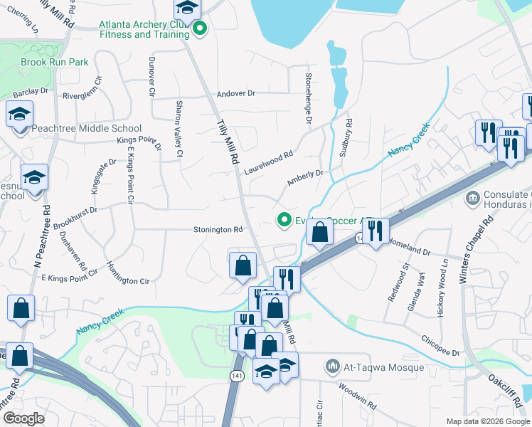 map of restaurants, bars, coffee shops, grocery stores, and more near 4487 Binghamton Court in Atlanta
