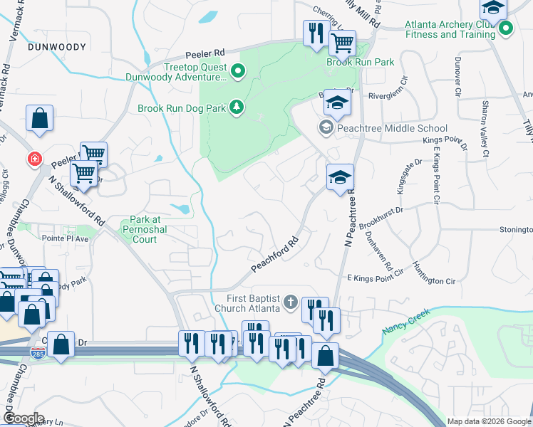 map of restaurants, bars, coffee shops, grocery stores, and more near 704 Dunbar Drive in Dunwoody